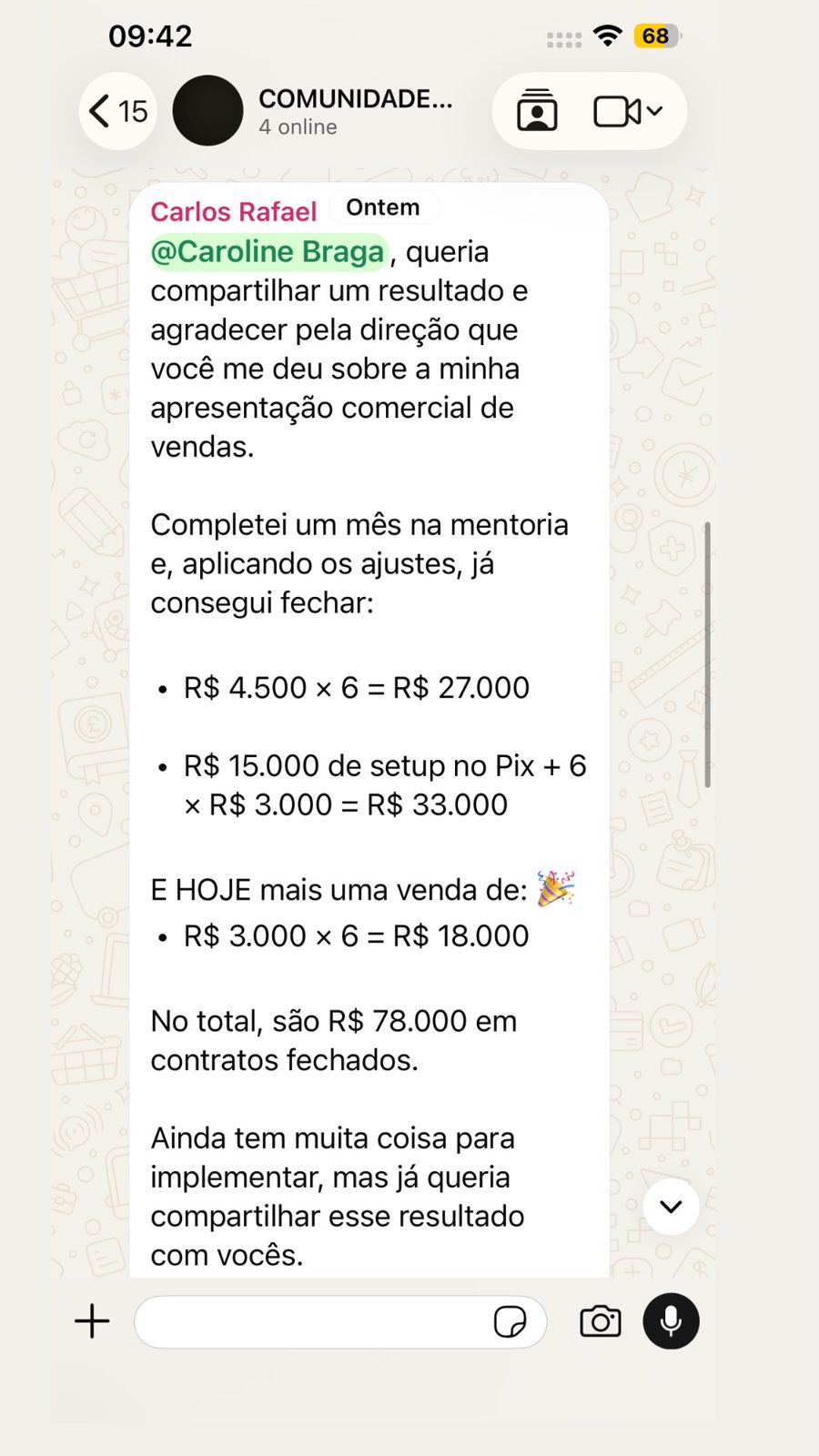 Mensagem do Carlos Rafael com R$ 78 mil em contratos